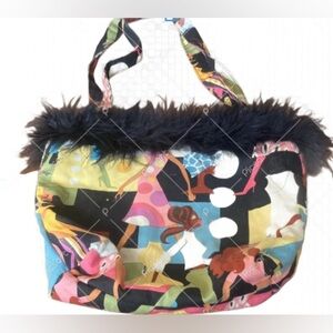 Colorful Women's Tote Bag with Black feather Trim